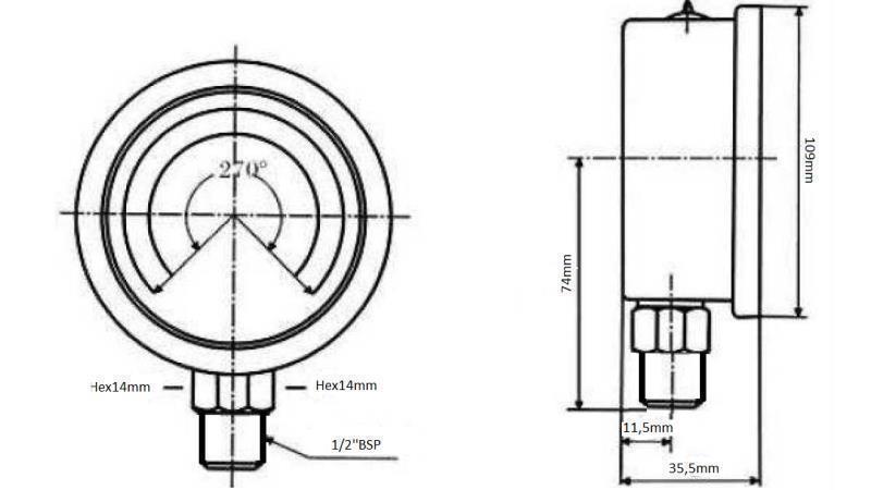 MANOMETER DN100 VERTICAL 0 - 250 BAR - 1/2-dimenzije